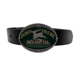 Vintage John Deere Moine Ill. Belt Buckle + Genuine Leather Belt Black
